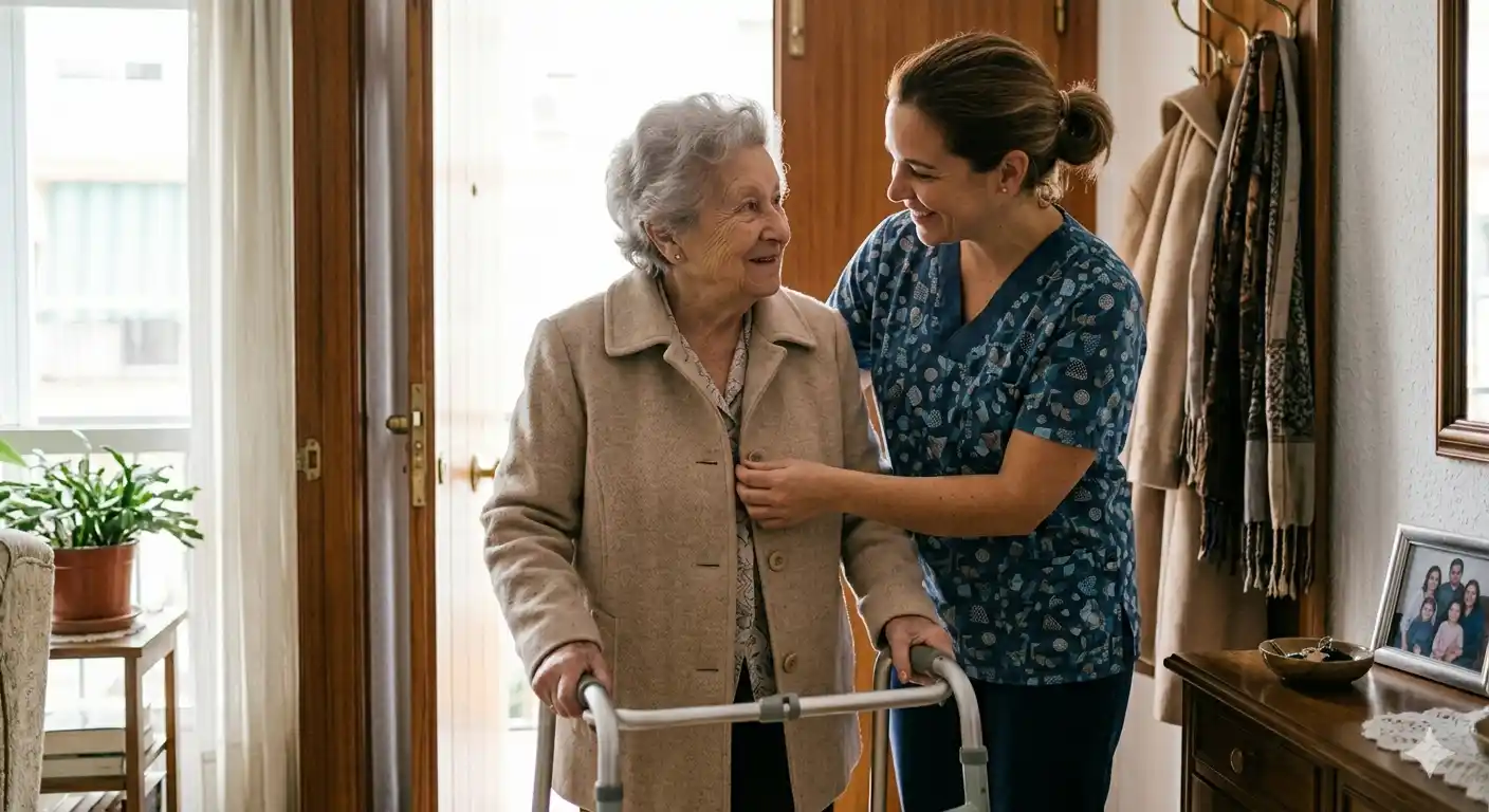 Cuidadora hablando tranquilamente con una persona mayor