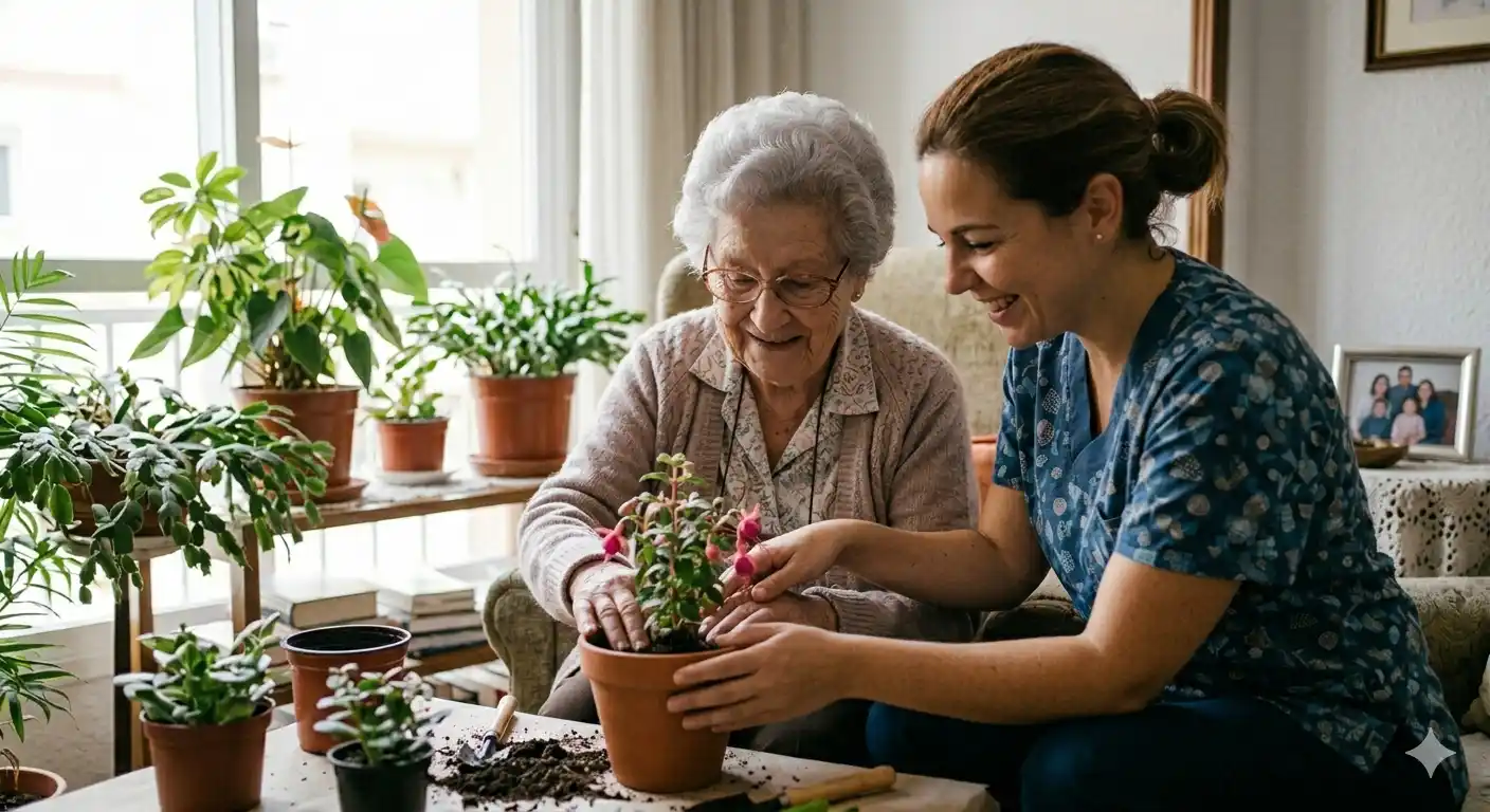 Cuidadora sonriente ayuda a una anciana a plantar una fucsia