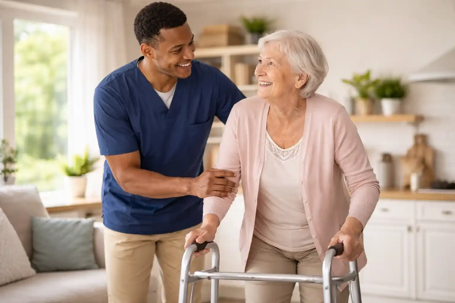 Cuidador ayudando a una mujer mayor a caminar con andador en casa