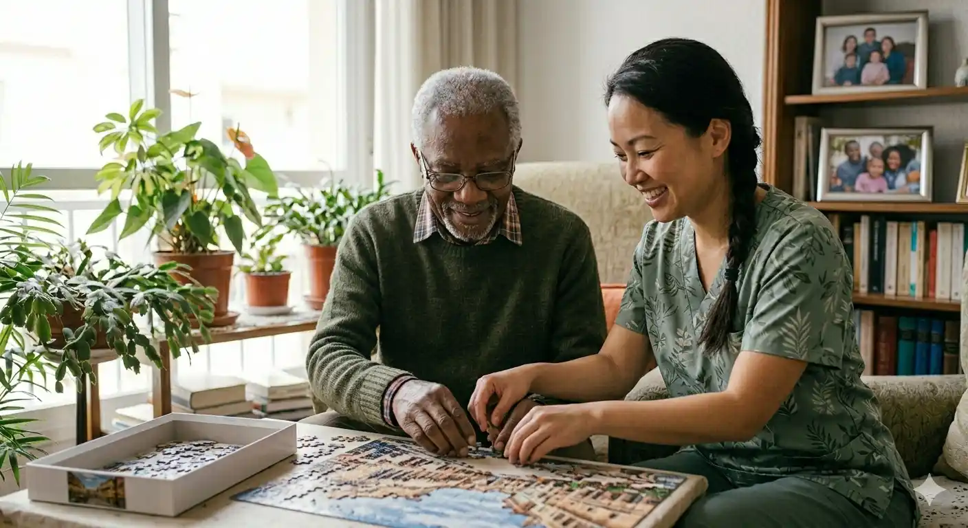 Una cuidadora asiática y un anciano negro sonríen mientras colaboran en un rompecabezas