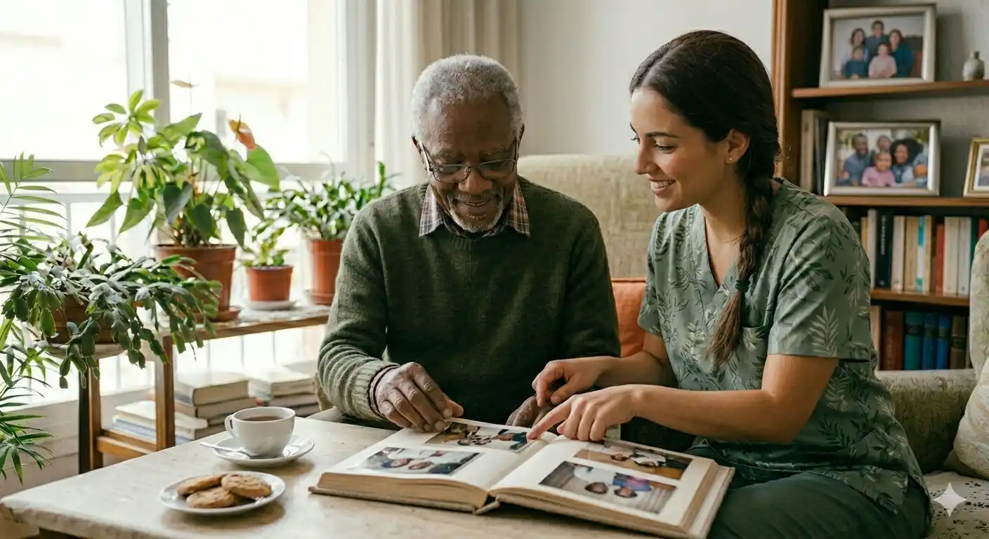 Hombre mayor y una cuidadora mirando un álbum de fotos abierto