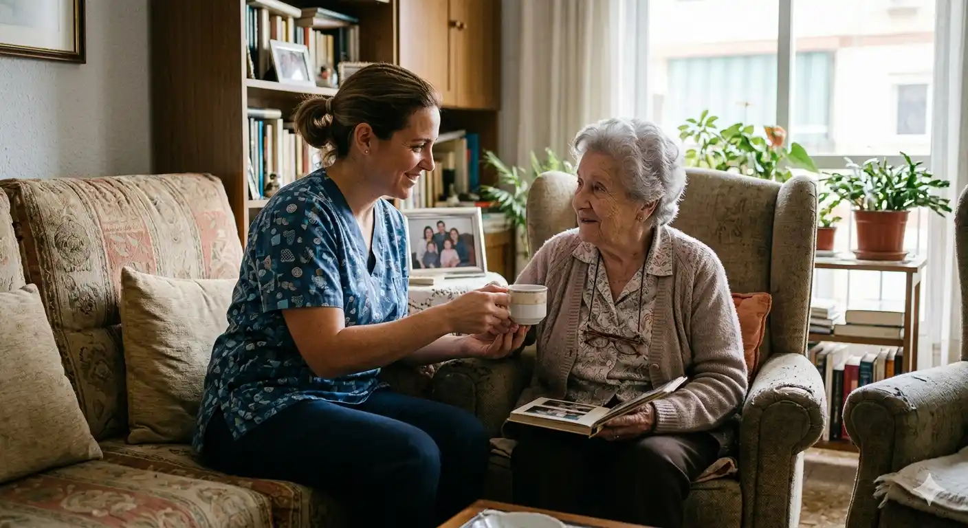 Cuidadora joven y anciana comparten un momento cariñoso
