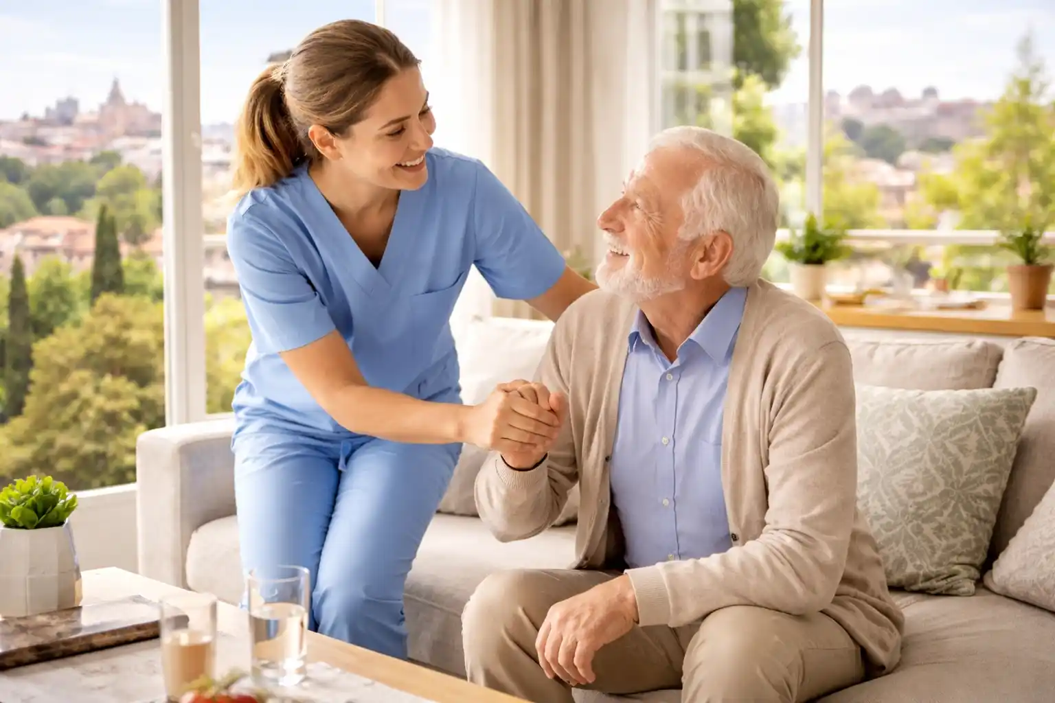 Cuidadora ayudando a un hombre mayor sentado en el sofá en casa